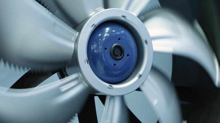 Slow rotating ventilation fan. 4K UHD. Fan turbine. Electric fan produce a current of air by slow movement of blades.