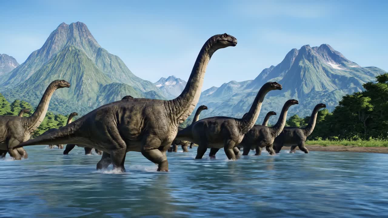 A herd of Brachiosaurus dinosaurs wading through a river with mountains in the background