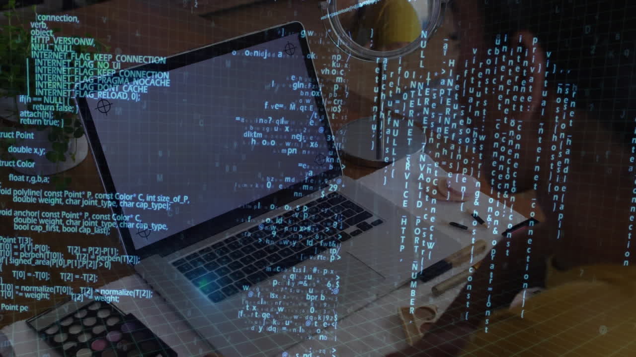 Animation of data processing over man using laptop