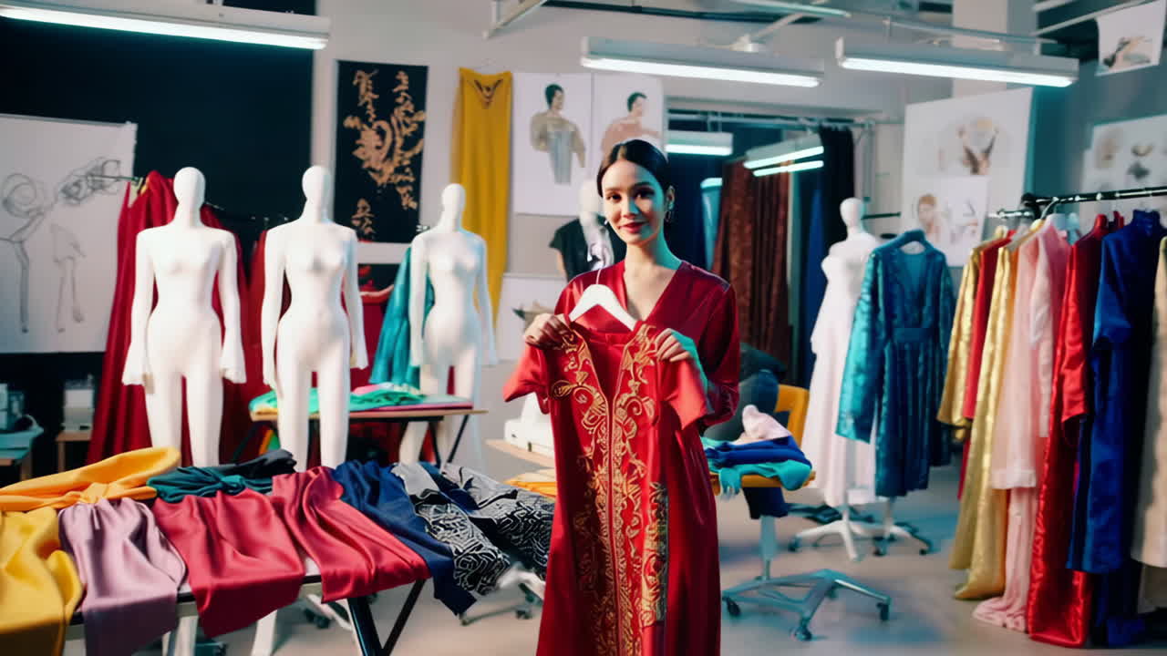Fashion Designer Presenting a New Dress in a Creative Studio
