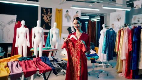 fashion designer presenting a new dress in a creative studio