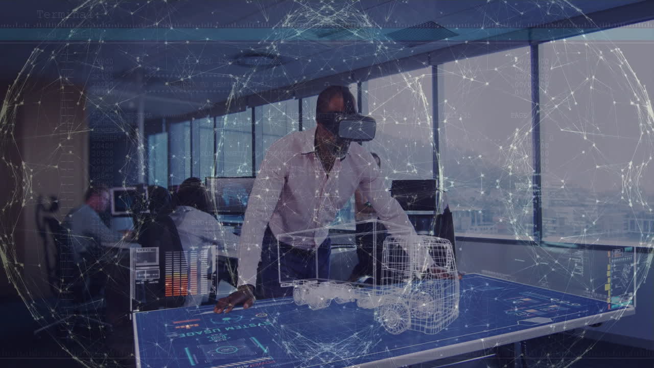 In office, person using virtual reality headset interacting with animation interface