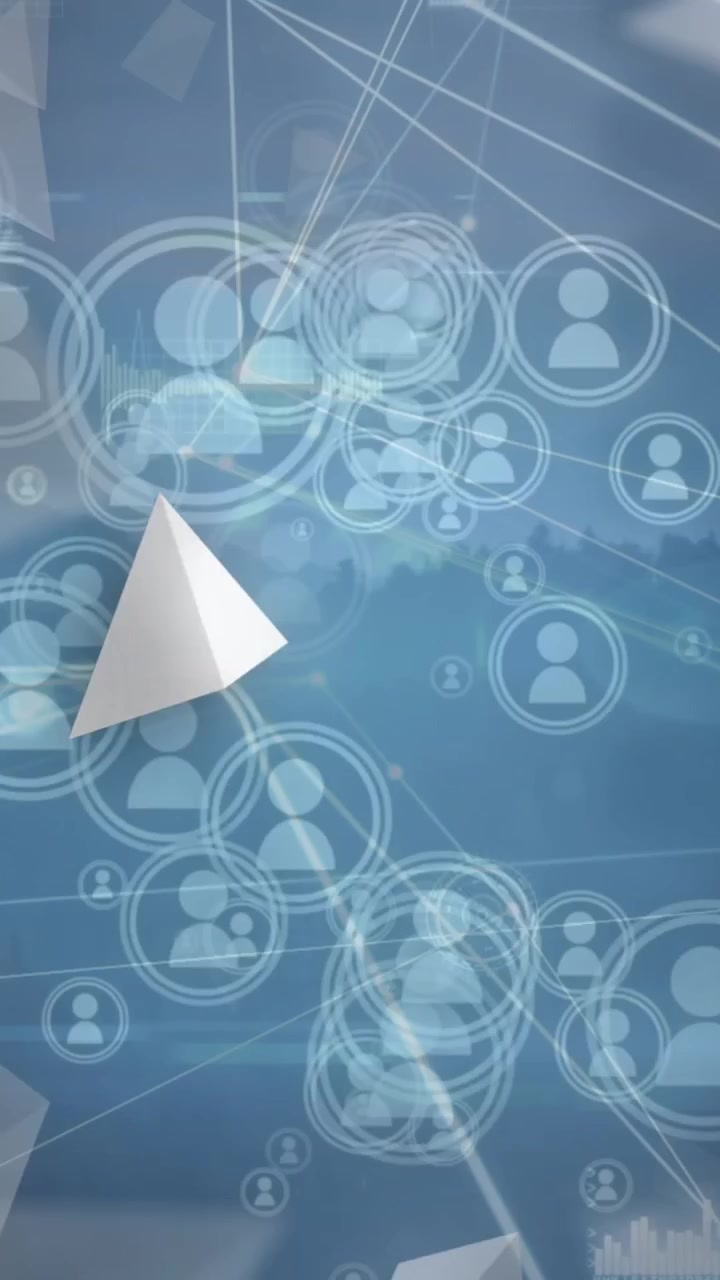 Animation of abstract triangular shapes and profile icons floating against landscape with trees