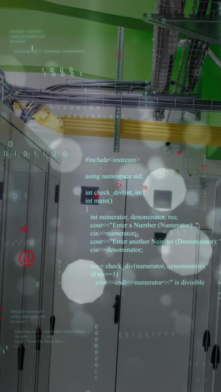 Animation of data processing, symbols, white spots and light trails against computer server room