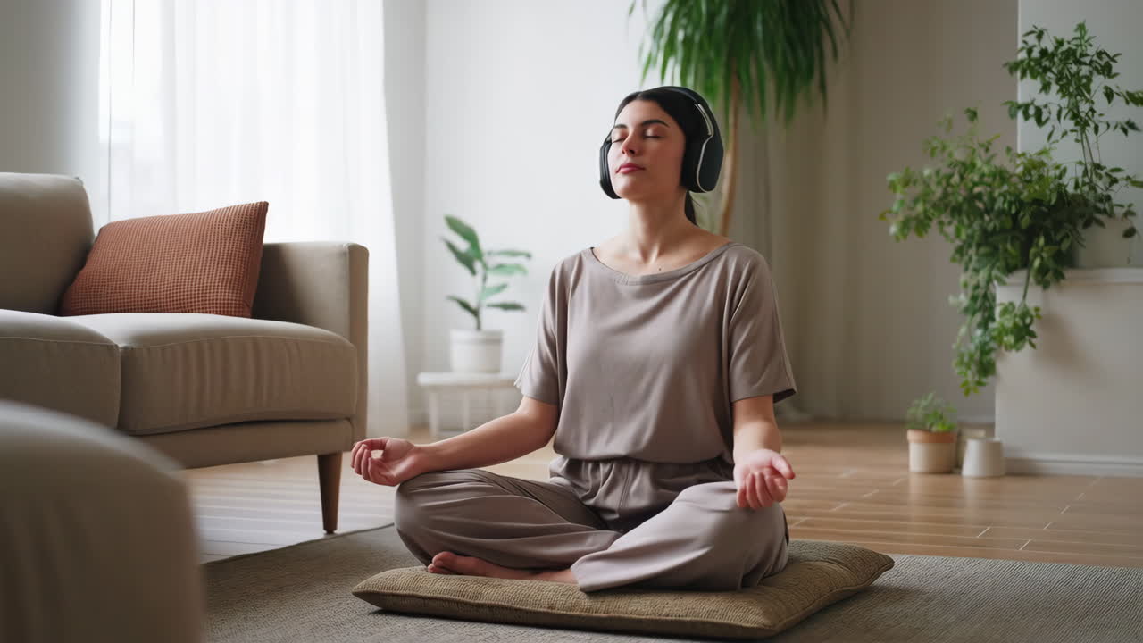 Woman Meditating with Headphones in a Relaxing Living Room