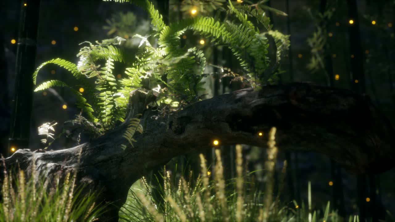 tronco del árbol doblado horizontalmente con helechos creciendo, y la luz del sol brillando