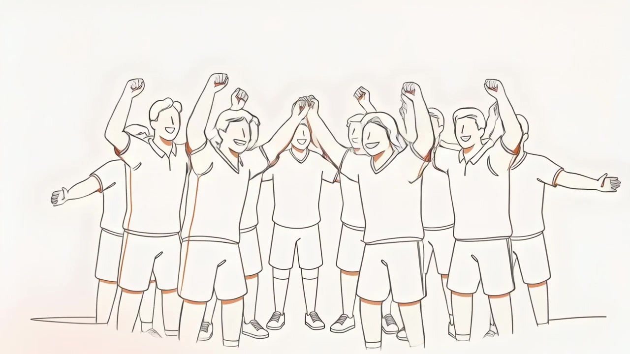 Starting sports team in shorts rallying in studio, raising hands, holding ball and celebrating win