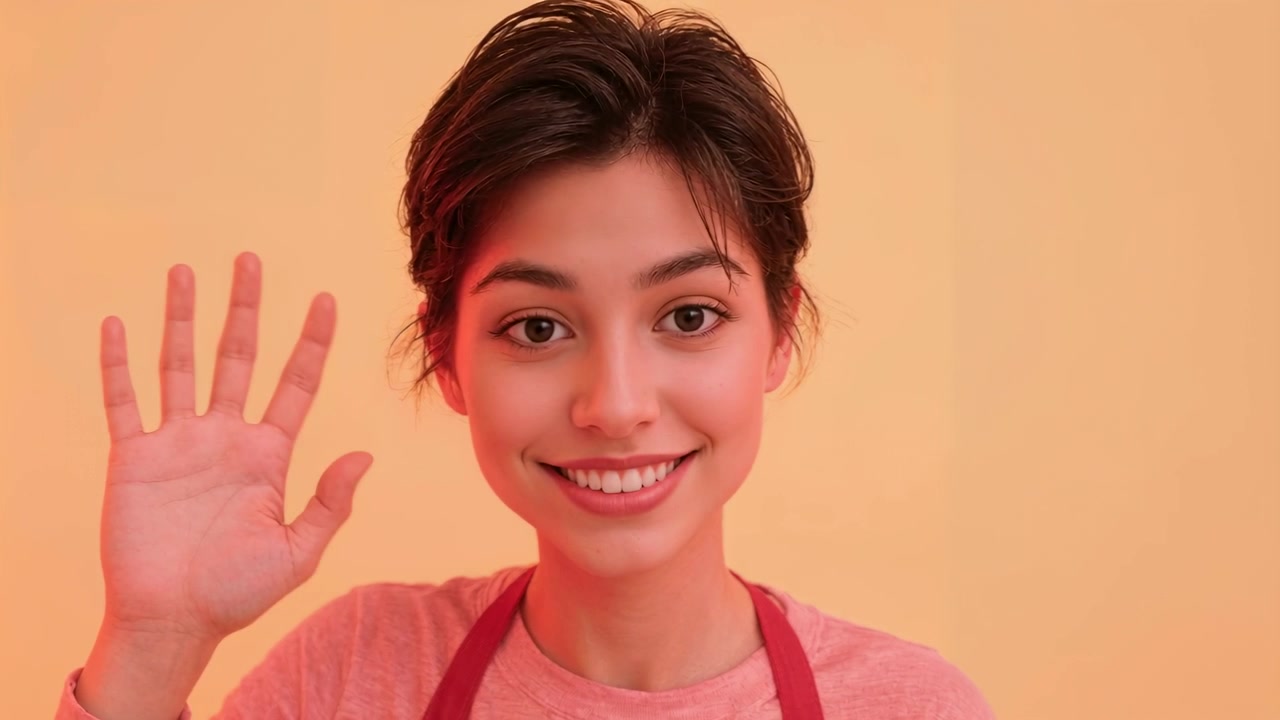 Smiling woman raising open palm greeting camera while framing tightening in studio, red apron