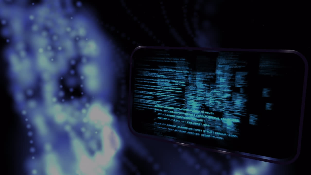 Animation of data processing over light trails on black background