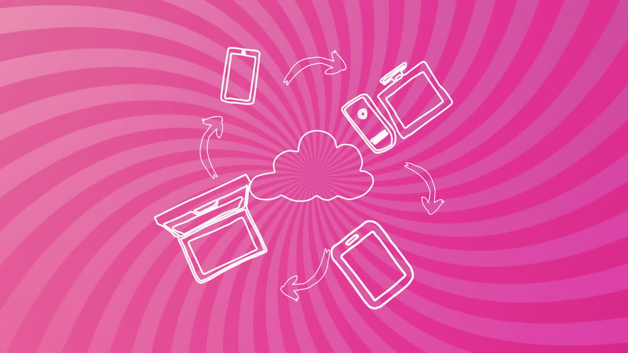 animación de iconos y flechas dibujando sobre un patrón en espiral contra un fondo rosa.