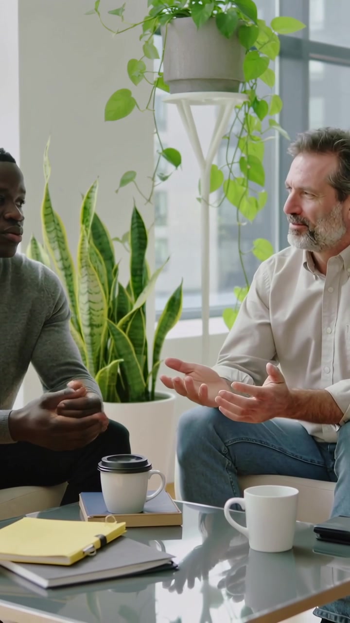 Vertical video: Left man speaking, men in shirts gesturing and discussing work in lounge with mug