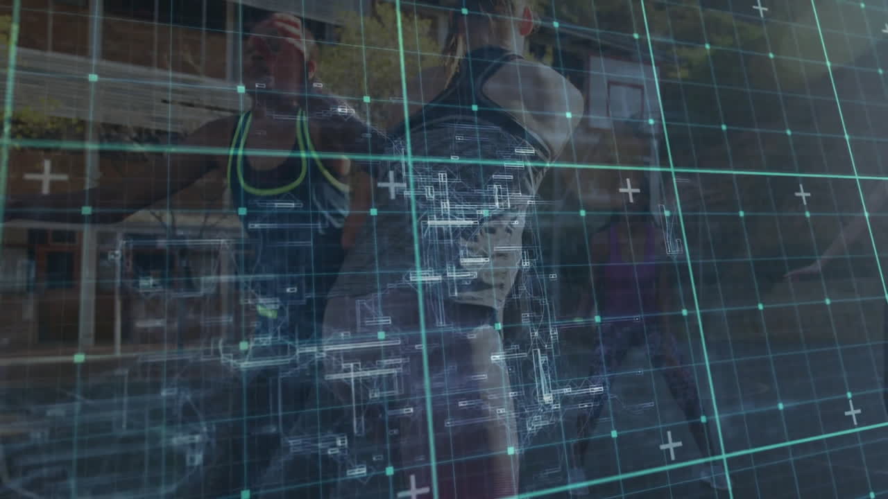 Running athletes with animation digital data grid overlaying their movement