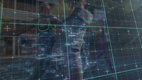 running athletes with animation digital data grid overlaying their movement