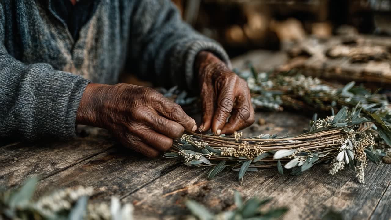 Crafting a Beautiful Floral Wreath: An Intimate Look at the Art of Handmade Creation Through Experienced Hands and Natural Materials in a Rustic Setting