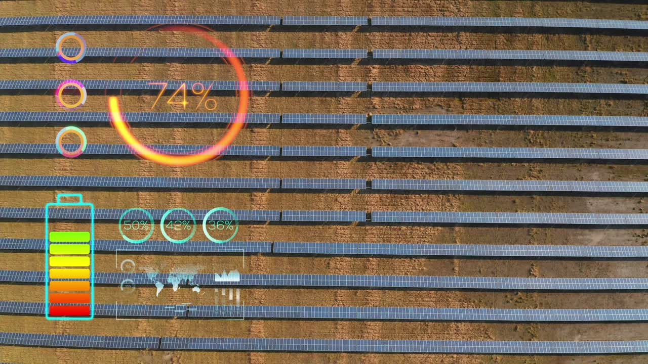 복사 공간이 있는 태양 전지의 세계 지도, 배터리 백분율 hud - 3d 애니메이션