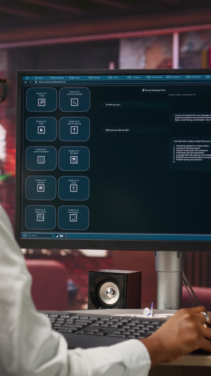 Vertical video Woman solving personal tasks with AI LLM chatbot answering prompts