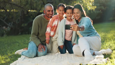 Selfie,-happy-family-and-picnic-blanket-in-nature