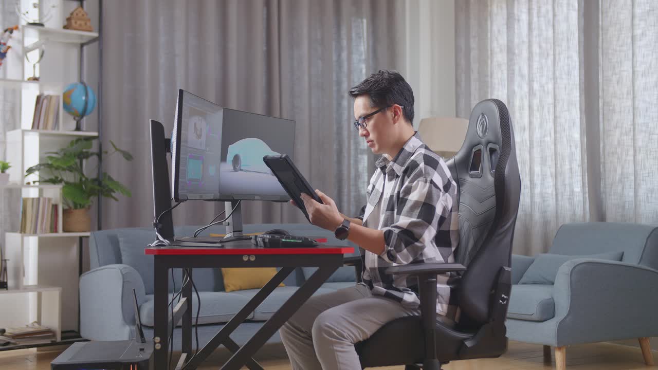 집에서 3d 디자인 프로젝트를하는 사람