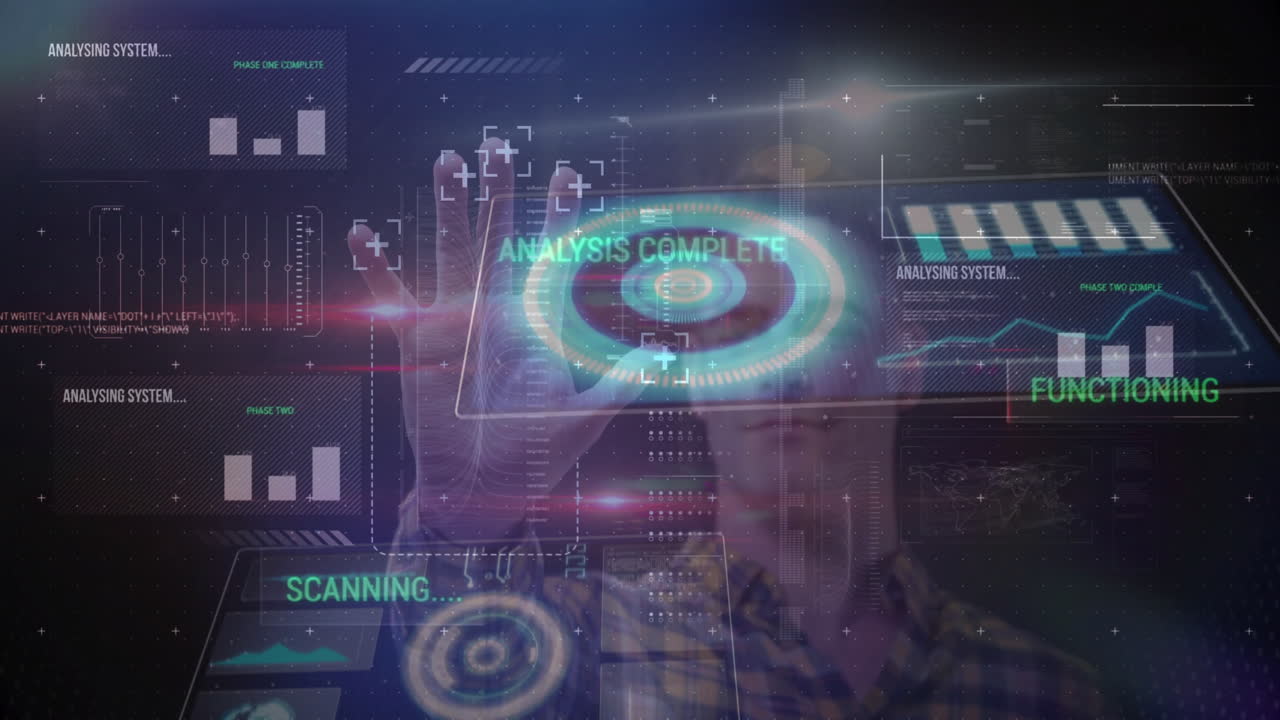 Interacting with futuristic animation, man analyzing and scanning data on interface