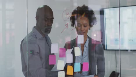 diverse male and female business colleagues brainstorming by transparent board in office