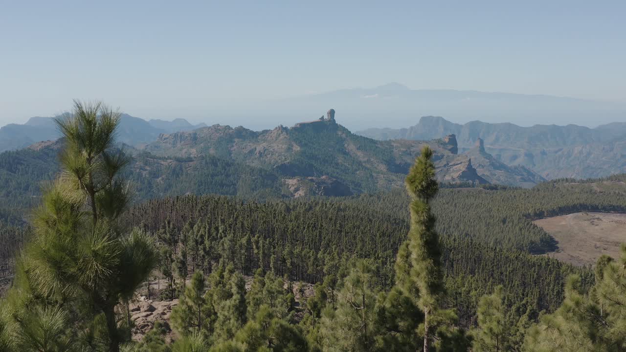 hermosa toma de drones de un panorama montañoso con bosque desde el pico de las nieves hasta el roque nublo, gran canaria