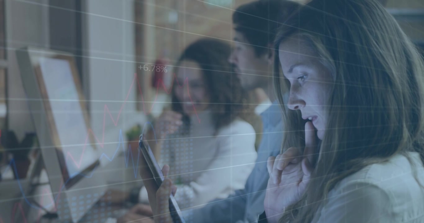 Animation of data processing over diverse business people using tablet