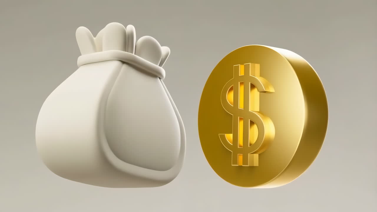 3D Illustration of a Money Bag and Gold Dollar Coin