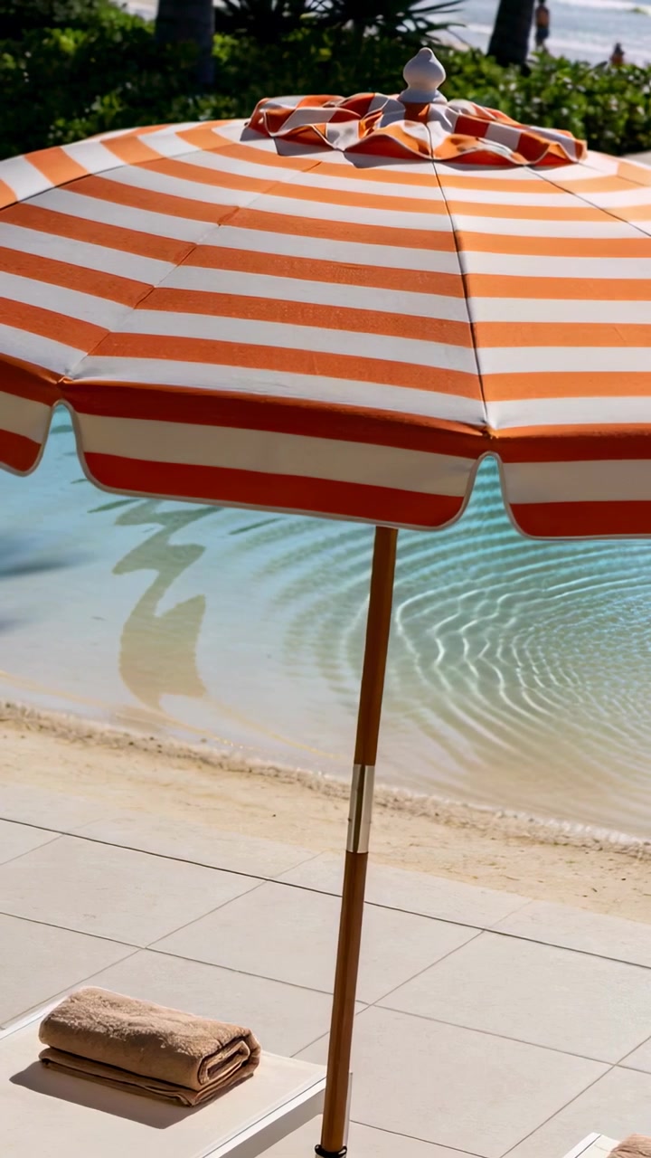 Video verticale: Un ombrellone in primo piano, la brezza increspa la piscina, due adulti passeggiano sulla riva, un asciugamano