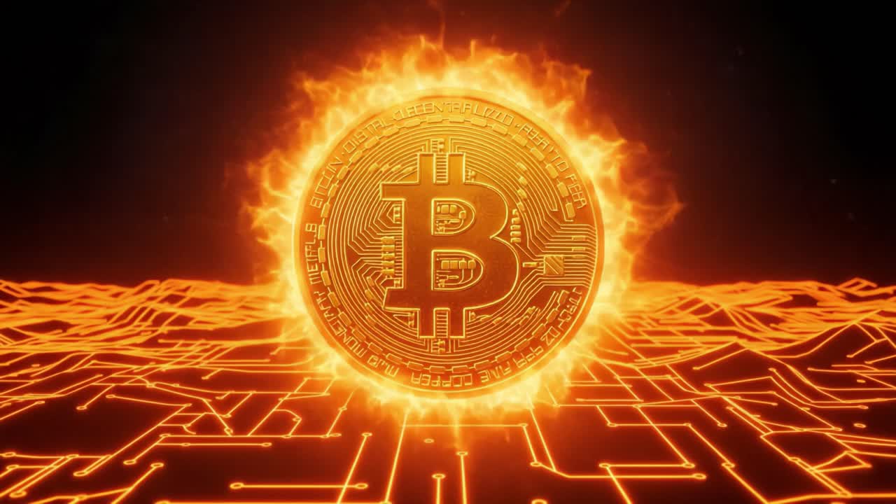 A Bold Visualization of Cryptocurrency, Featuring a Bitcoin Symbol Surrounded by Fiery Flames Against a Tech-Inspired Background Representing Digital Currency Technology