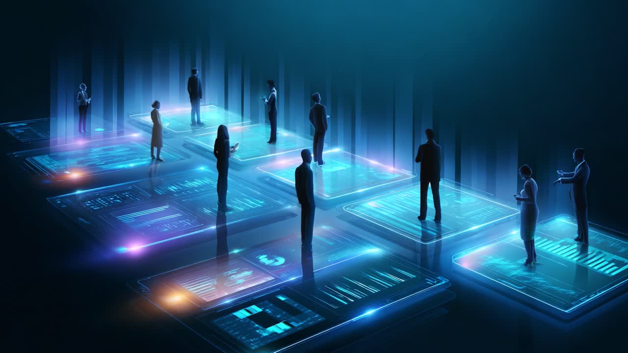 An innovative gathering of individuals in a high-tech virtual environment, engaged in data interaction and collaboration, depicted through holographic projections and digital interfaces