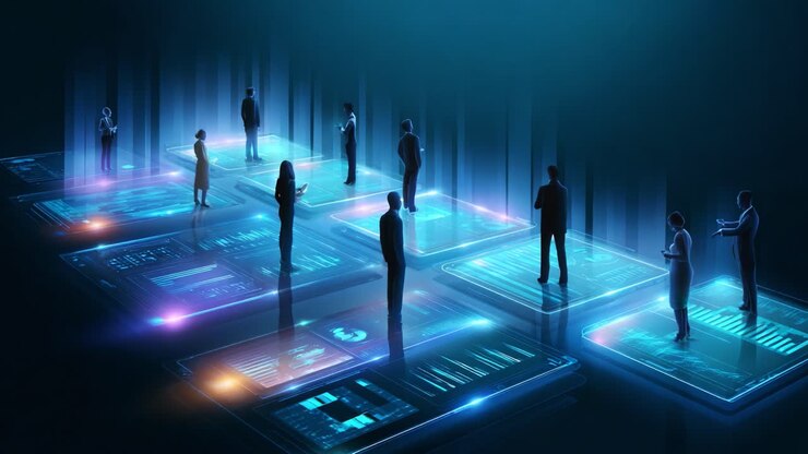 An innovative gathering of individuals in a high-tech virtual environment, engaged in data interaction and collaboration, depicted through holographic projections and digital interfaces