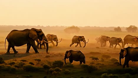 herd of elephants in the african savanna at sunset