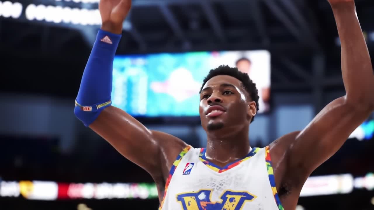 Basketball Player Celebrating a Victory During a Game at a Vibrant Arena in the Evening