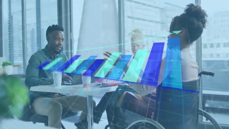 animation of data processing over disabled and diverse business people in office