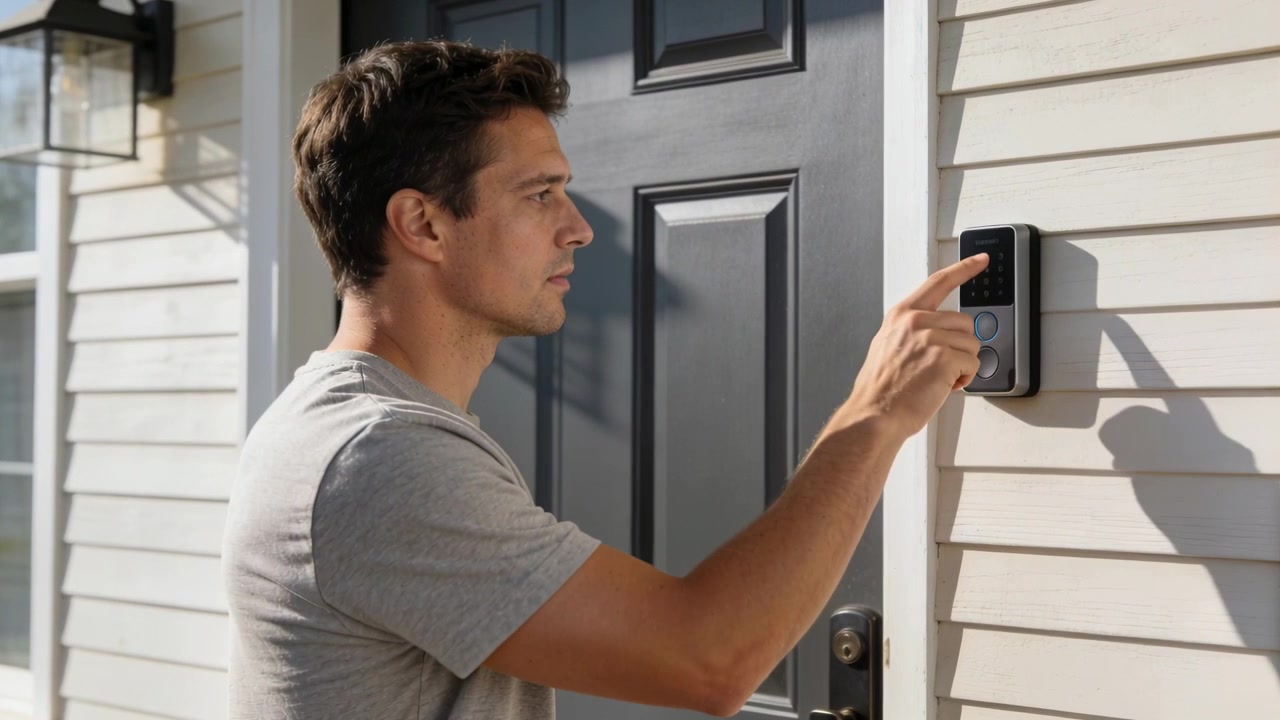 Tapping lit button, man in gray T-shirt pressing keypad at front porch, unlocking door to enter