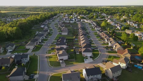 beautiful overhead aerial footage of suburbs in clarksville, tennessee during golden hour