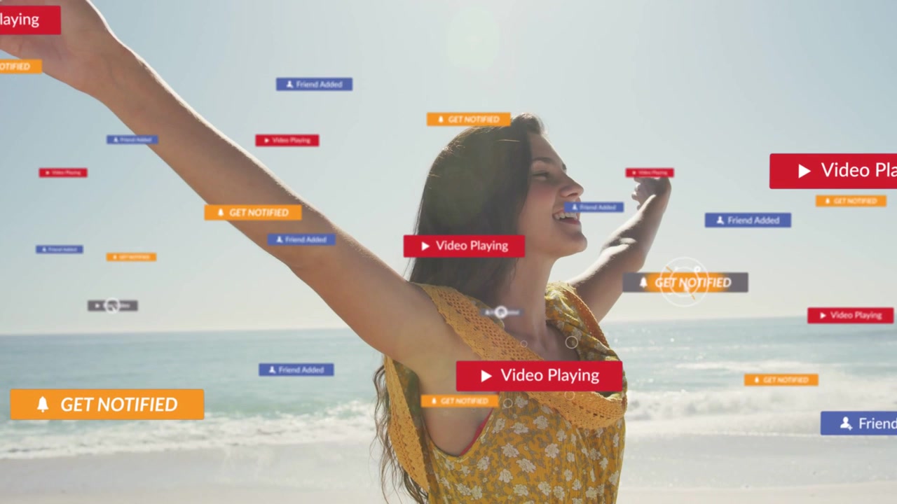 Woman standing on beach arms open, social badges emerging right, clustering then thinning, engaging