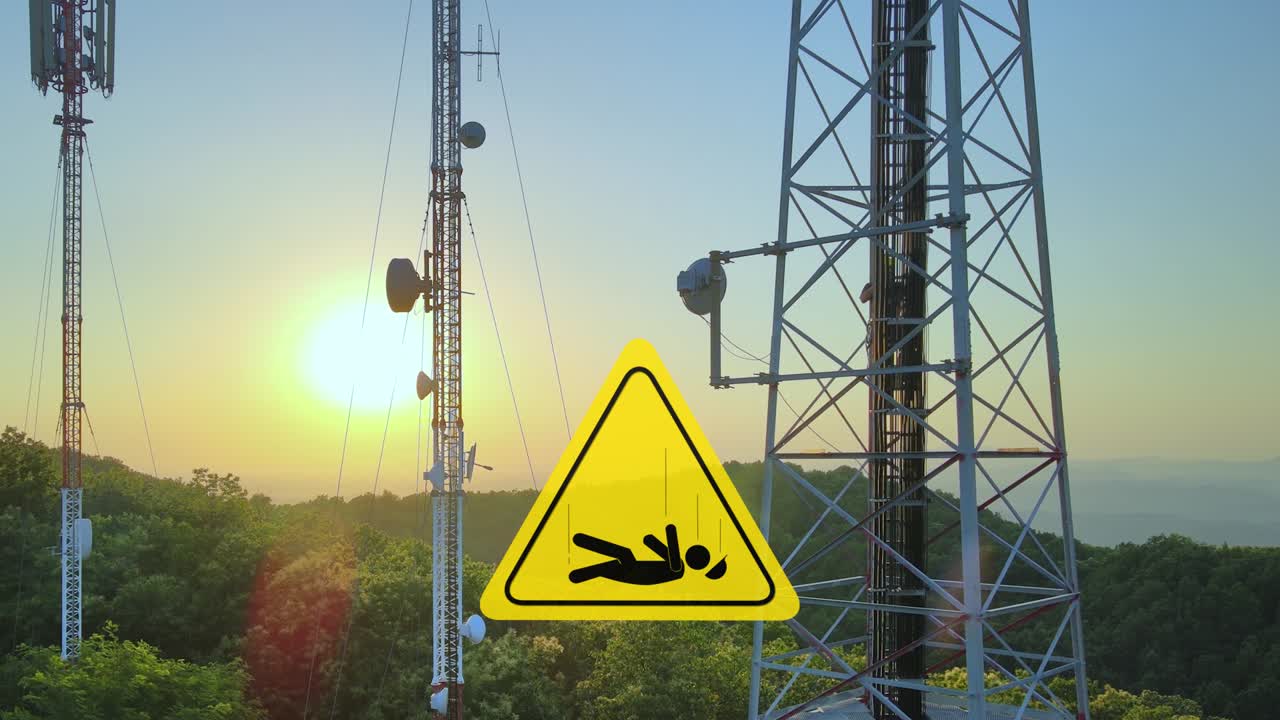 Engineer climbs telecom tower with PPE, working at height with warning sign