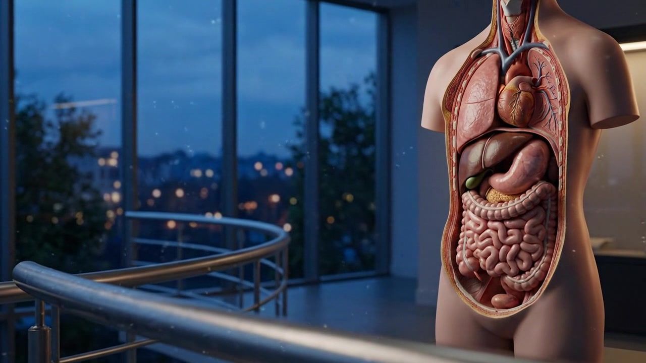 Human anatomy figure with exposed digestive organs standing near evening window