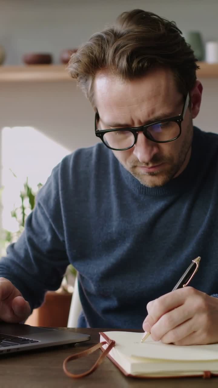 Vertikal video: Sjekker laptop, mann med briller i marineblå genser noterer i journal ved hjemmekontorpulten