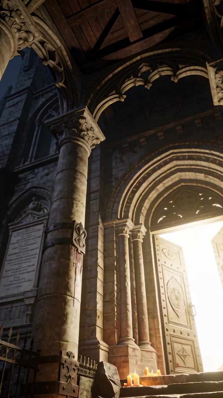 Video verticale: Telecamera che si inclina verso la luce, rivelando porte intagliate all'ingresso della chiesa, con candele che brillano.