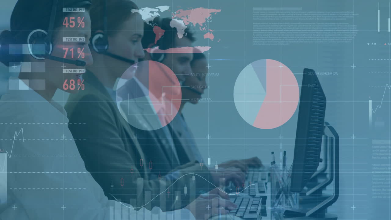 animazione dell'elaborazione dei dati finanziari su diversi colleghi utilizzando cuffie telefoniche e computer