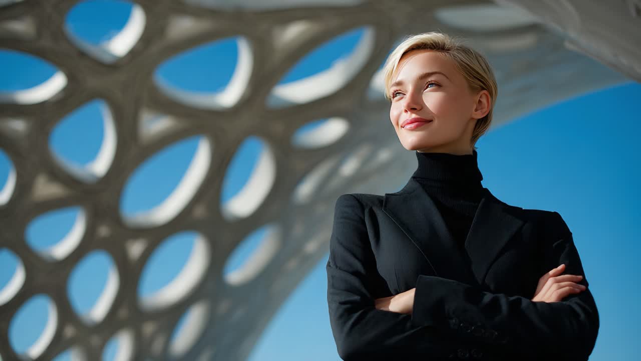 A Confident Woman Standing Proudly Beneath a Modern Architectural Structure, Radiating Self-Assurance and Strength Against a Clear Blue Sky