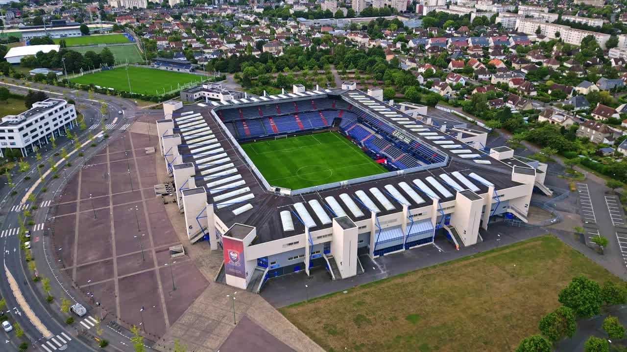 Malherbe football Stadium, Caen, Normandy in France. Aerial drone descending