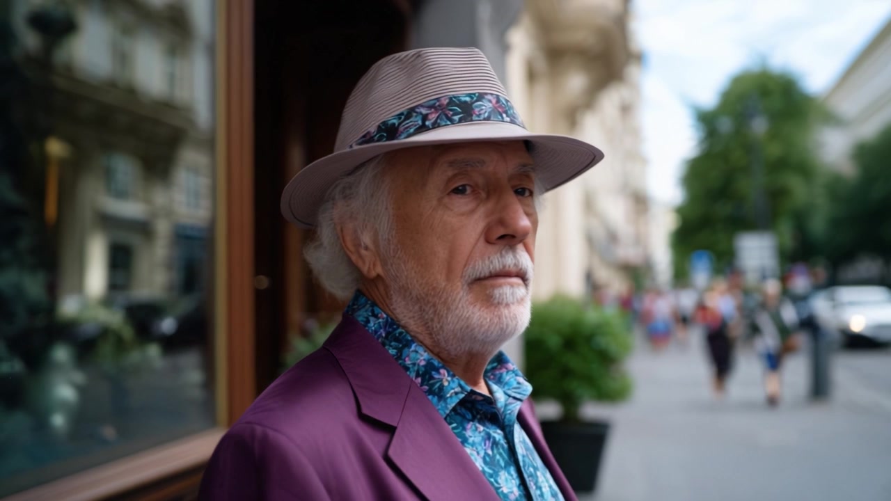 Un anziano signore elegantemente vestito cammina in un contesto urbano, mettendo in mostra un look distinto con un abito color lavanda, una camicia floreale e un cappello unico nell'ambiente cittadino.