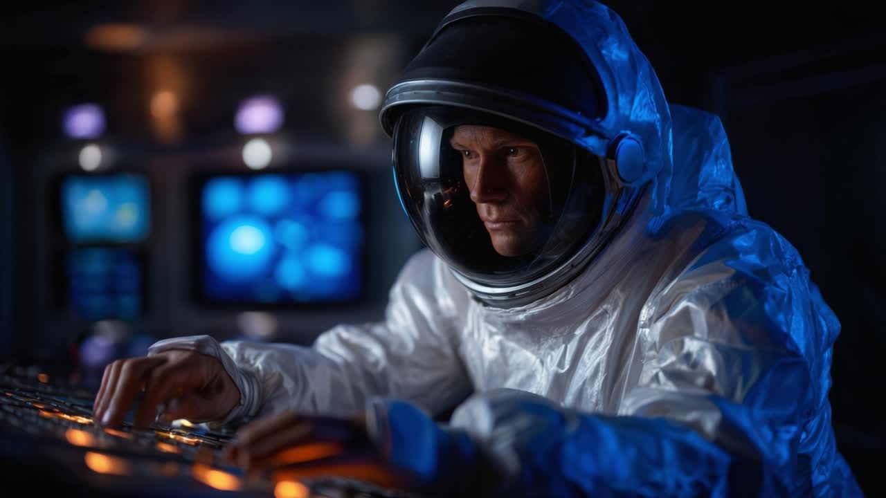Astronauta concentrato sul pannello di controllo all'interno di un'astronave, che enfatizza l'ambiente high-tech e la concentrazione umana sull'esplorazione spaziale e il successo della missione.