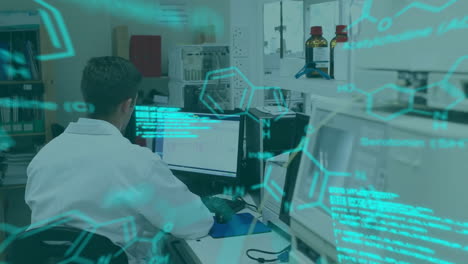 Animation of chemical formula and data processing over caucasian scientist using computer in lab