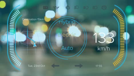 animation of electric car digital interface over city lights