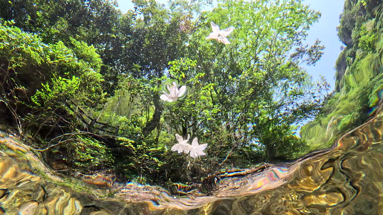 Falling petals on the water surface, swaying with the current, underwater photography