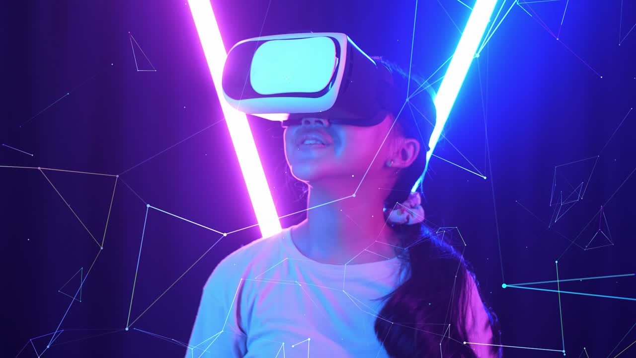 Vr, Futuristic, Entertainment Concept. Excited Asian Young Girl Using Virtual Reality Headset With Neon Light At The Background